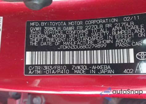 2011 Toyota Prius Two from USA, damaged, VIN JTDKN3DU6B0279899